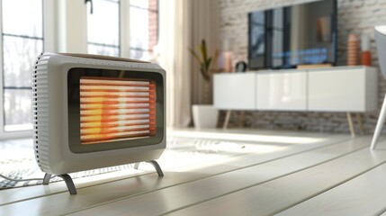 Fototapeta premium Modern electric fan heater on the floor in the room, space for text. Portable heater. Autumn concept and technology, air heater in the house.