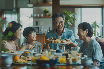 Happy Multigenerational Family Enjoying Breakfast Together at Home, Smiling and Sharing a Meal in a Cozy Kitchen Environment - Powered by Adobe