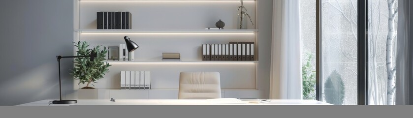 Fototapeta premium Modern minimalist home office with white desk, plant, and window light.