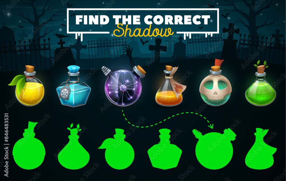 Poster halloween game worksheet, find the correct shadow of fairytale potion bottles on dark cemetery vecto