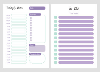To do list. Set of planner pages templates. Organizer page, diary and daily control book. Life planners, monthly, weekly and days organizers or office schedule list. Graphic organization paper vector.
