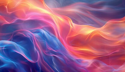 Obraz premium Holographic abstract background with blurred fluid shapes in blue, pink, and orange colors.