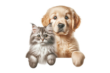 Obraz premium Adorable golden retriever puppy and fluffy Maine Coon kitten peeking, isolated on transparent background