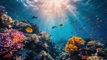Fototapeta premium A vibrant underwater scene featuring colorful coral reefs and various tropical fish swimming in clear blue water with sunlight streaming through the surface.