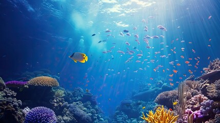 Naklejka premium A vibrant underwater scene featuring colorful coral reefs and a variety of tropical fish swimming in clear blue water with sunlight streaming through the surface.