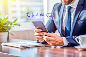 Contact us or Customer support hotline people connect, Businessman using showing and touching on virtual screen contact icons, call phone, email, address, live chat.