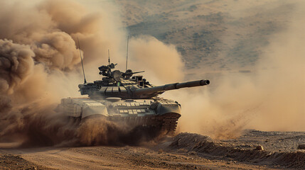 Bravery in Battle: Military Tank Advancing Through Rugged Terrain Amidst Dust and Smoke