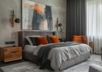 mid-century modern bedroom with a wooden bed, orange and white duvet cover, small plants on the sides