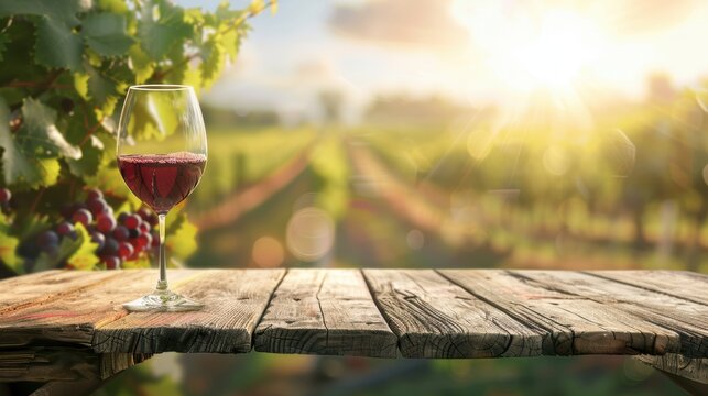 A glass of red wine on a wooden table in a picturesque vineyard at sunset, capturing the essence of wine country. Perfect for travel and lifestyle themes.