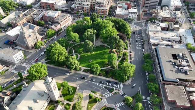 Aerial footage of the Morristown Green Park and the nearby buildings in Morristown, New Jersey, USA