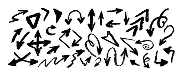 Charcoal arrows vector  set. Hand drawn freehand different curved lines, swirls arrows. Doodle marker drawing, black chalk smears. Direction pointers. Scribbles and scrawls.