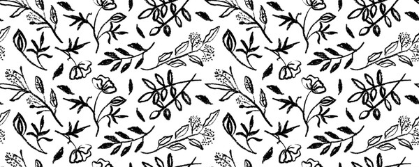 Vector seamless pattern brush flower . Hand drawn botanical ink illustration with floral motif. Camomile or daisy painted by brush. Hand drawn painting for your fabric, wrapping paper.