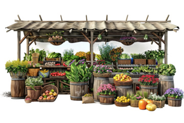 Fresh Vegetable Stalls with Colorful Displays Isolated on Transparent Background