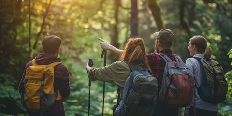 Group of friends hiking in a forest, enjoying an adventurous summer trek together. Nature, travel, fun.