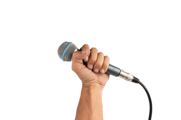 Black male hand holding a microphone isolated on white background