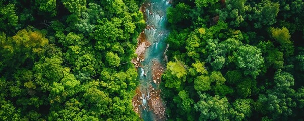 Fototapeta premium Aerial view of a serene river cutting through a lush green forest, capturing the raw beauty of nature from above on a clear day.