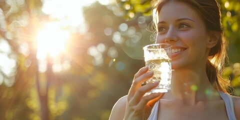 Happy woman drinking water outdoors in sunlight, enjoying a healthy and refreshing moment in nature, Gernerative AI © Ben
