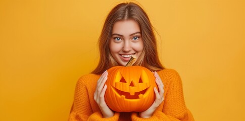 Smiling woman holding a Jack-o'-Lantern on an orange background, ideal for Halloween-themed designs.