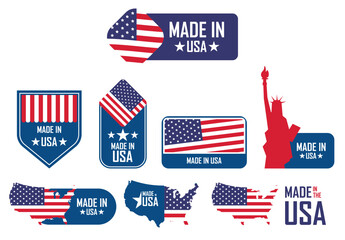 Made in USA badges set. American labels. Patriotic logo or stamp. Vector illustration.