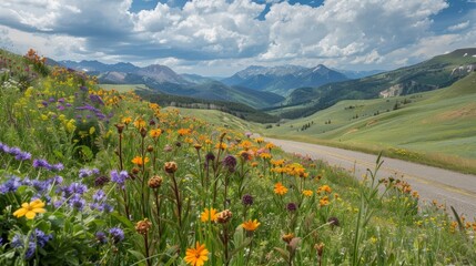 As the road winds through the mountains the landscape shifts to lush valleys dotted with vibrant wildflowers and grazing deer. . AI generation.