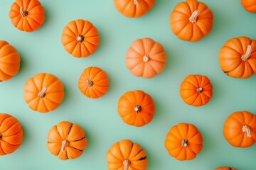 A pattern of pumpkins arranged on a green background, perfect for autumn or Halloween-themed designs.