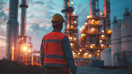 Energy engineer standing back and looking at a power plant that produces electricity. Ai generate.