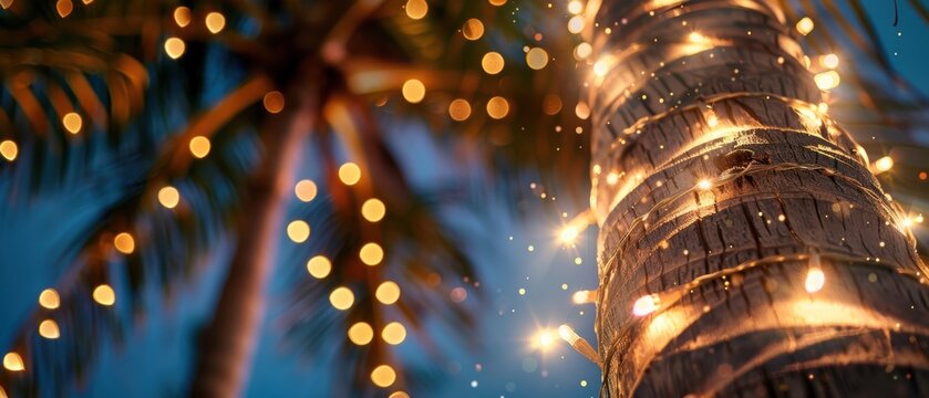 Close-up of a palm tree wrapped in holiday lights with bokeh effect, creating a warm, festive atmosphere. Perfect for tropical holiday themes. - Powered by Adobe