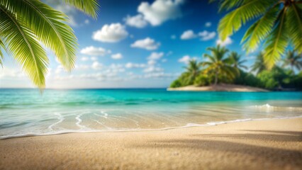 Beach Blur: A blurred beach scene with sand, water, and distant palm trees, ideal for vacation or beach-themed products.
