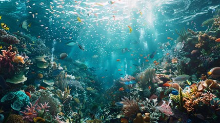 An immersive underwater vista showcasing the intricate beauty of a coral reef teeming with life, juxtaposed against the stark reality of plastic pollution, with each detail rendered in hyper-detailed