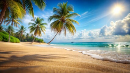 Obraz premium Beach Blur: A blurred beach scene with sand, water, and distant palm trees, ideal for vacation or beach-themed products. 