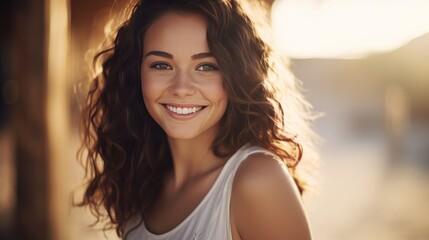 Fototapeta premium a young woman smiling radiantly, her eyes sparkling with joy