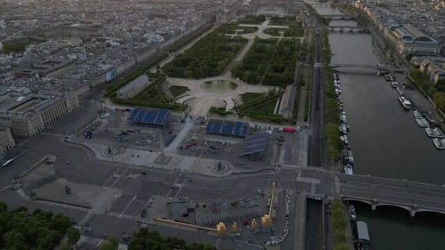 Aerial view of the Place de la Concorde and the Seine River at sunrise in Paris, France