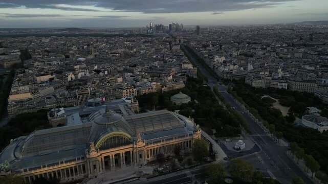 Aerial view of the Petit Palais and the Grand Palais des Champs-Elysees at sunrise in Paris, France