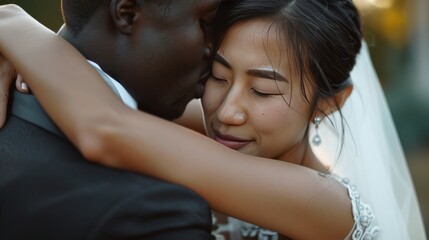 Wedding couple embracing outdoors with love and joy, symbolizing unity and harmony on their special day.