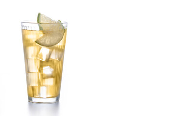 Fresh ginger ale drink isolated on white background. Copy space