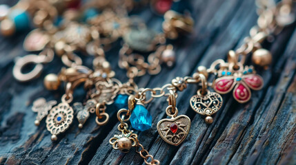 Close-up of a charm bracelet with various good luck charms