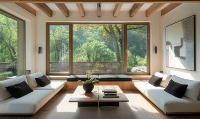 Modern living room interior design of a luxury house with a grey sofa and armchair, a table against a window