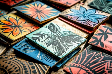 Assorted handmade wooden coasters with bold floral designs, arranged on a rustic wooden surface, showcasing intricate patterns.