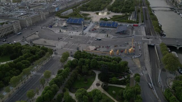 Aerial footage of the Place de la Concorde and the Tuileries Garden at sunrise in Paris, France