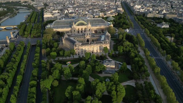 Aerial view of the Petit Palais and the Grand Palais des Champs-Elysees at sunrise in Paris, France