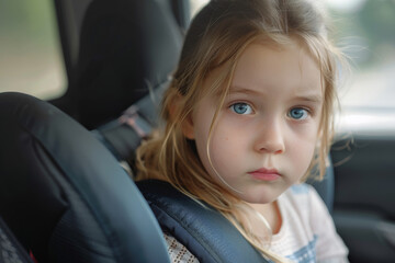 A young girl seated in a car, looking directly at the camera with wide, curious blue eyes.