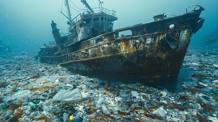 Fototapeta premium An evocative portrayal of a sunken shipwreck surrounded by a sea of plastic waste, its rusted hull serving as a stark reminder of the enduring legacy of human activity on the ocean floor, with 35mm