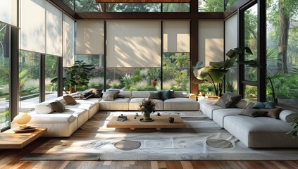 Fototapeta premium Modern living room interior design of a luxury house with a grey sofa and armchair, a table against a window