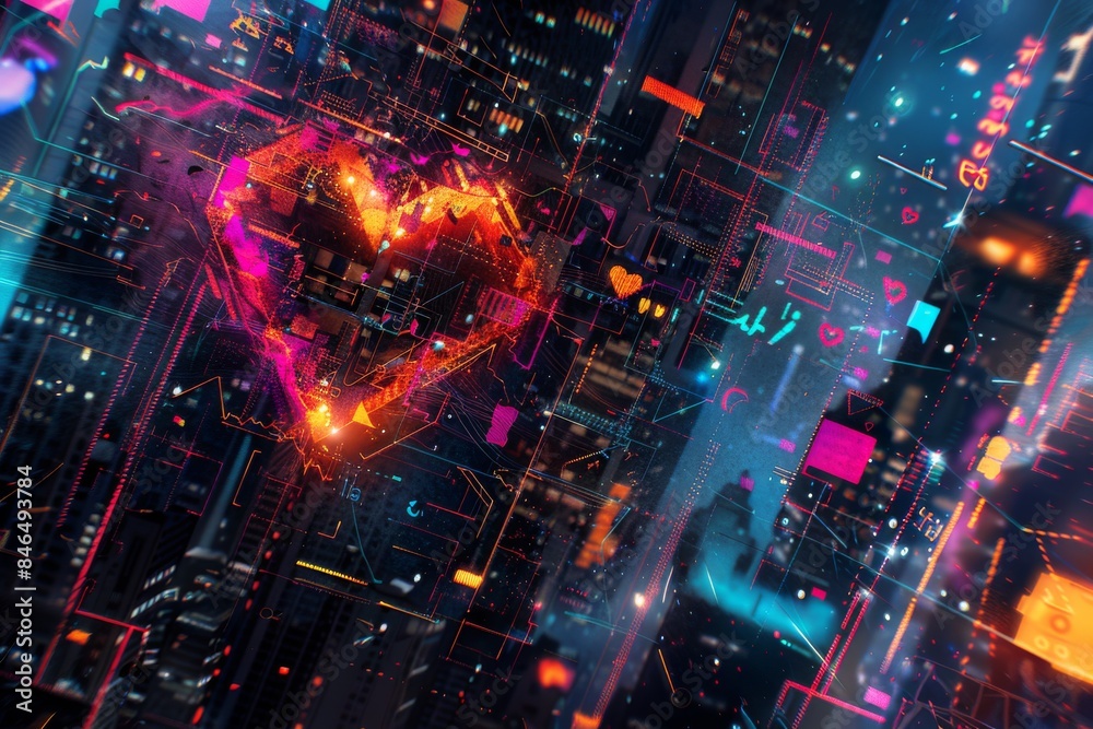 Sticker Futuristic heart shaped neon light in a cyberpunk cityscape with vibrant colors, abstract patterns, and glowing details reflecting love and technology fusion