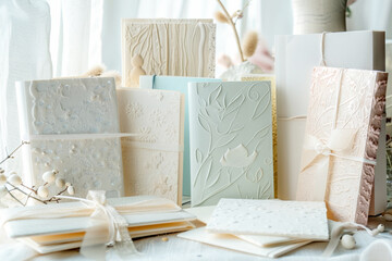 Sunlit workspace with stacks of pastel-colored, embossed stationery, including notebooks and cards, 