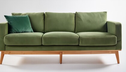 Fototapeta premium Green fabric sofa with wooden legs on white background Luxurious and stylish piece of furniture Velvet couch from side Interior object in furniture
