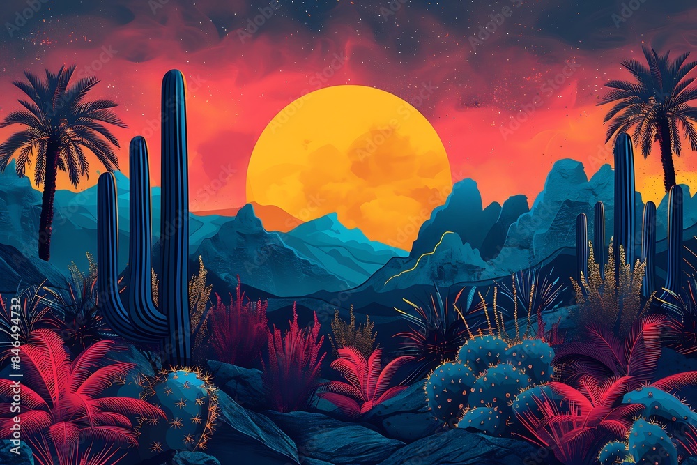 Wall mural A vibrant and colorful illustration of a desert landscape at sunset, with mountains, cacti, and palm trees silhouetted against a bright orange and red sky.