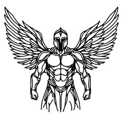 strong guardian angel with wings line sketch