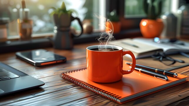 Cluttered Creative Workspace with Steaming Coffee Mug and Ambient Lighting