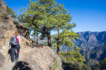 Young woman summit to Bejenado Peak in Caldera de Taburiente, La Palma, Spain
